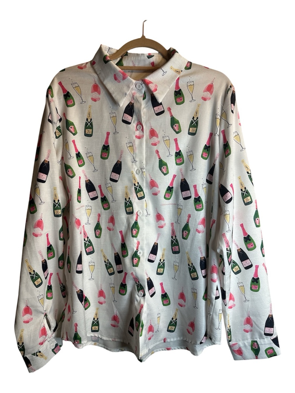 Champagne Bottle Print Button-Up Blouse - White with Pink & Green